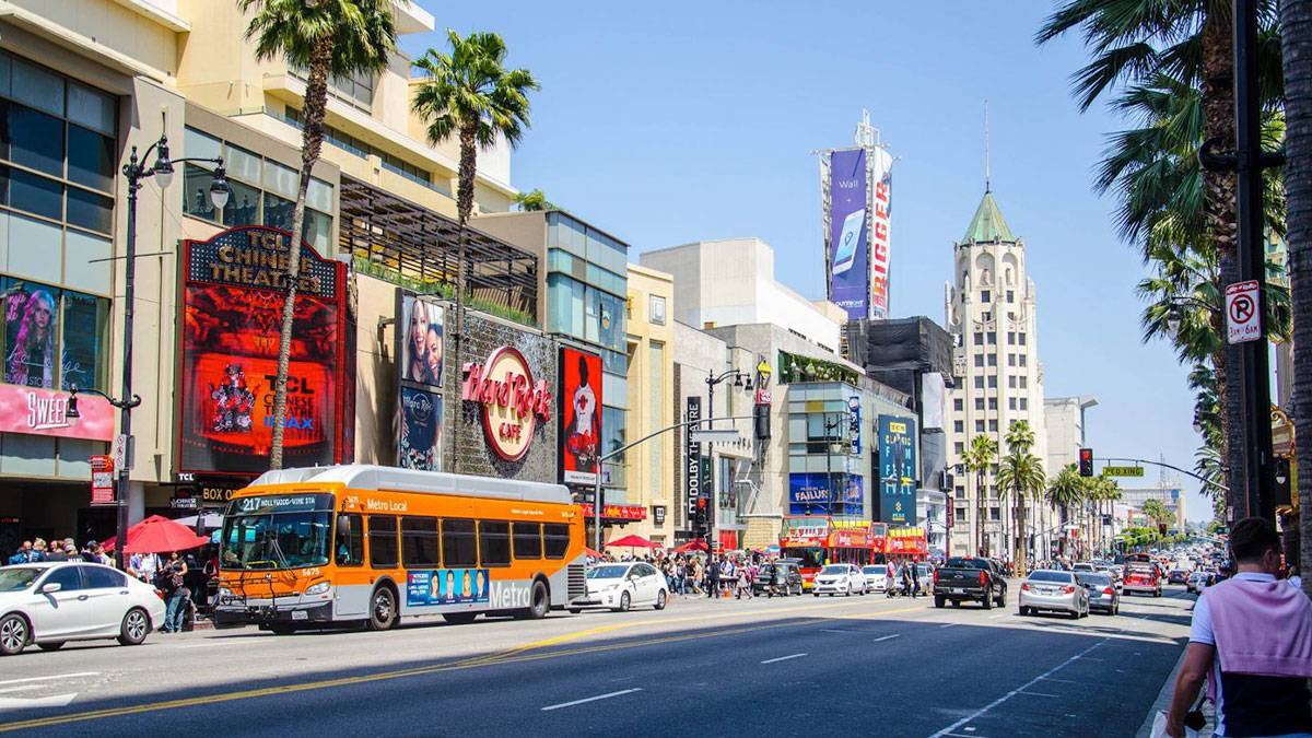 Looking down Hollywood Boulevard at Hard Rock Café Los Angeles, California, USA
